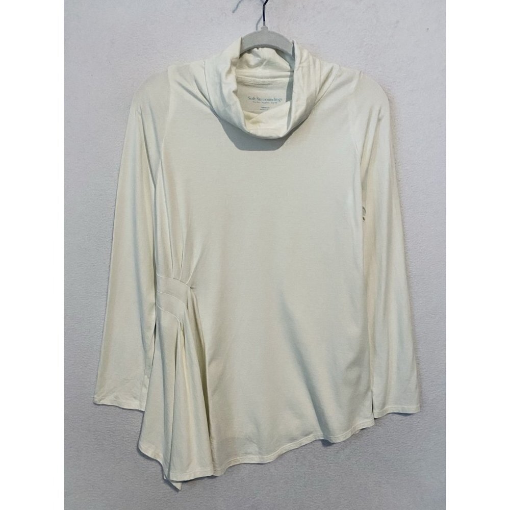 Soft Surroundings Top Womens Medium Ivory Pleated Turtleneck Cotton Modal Boho